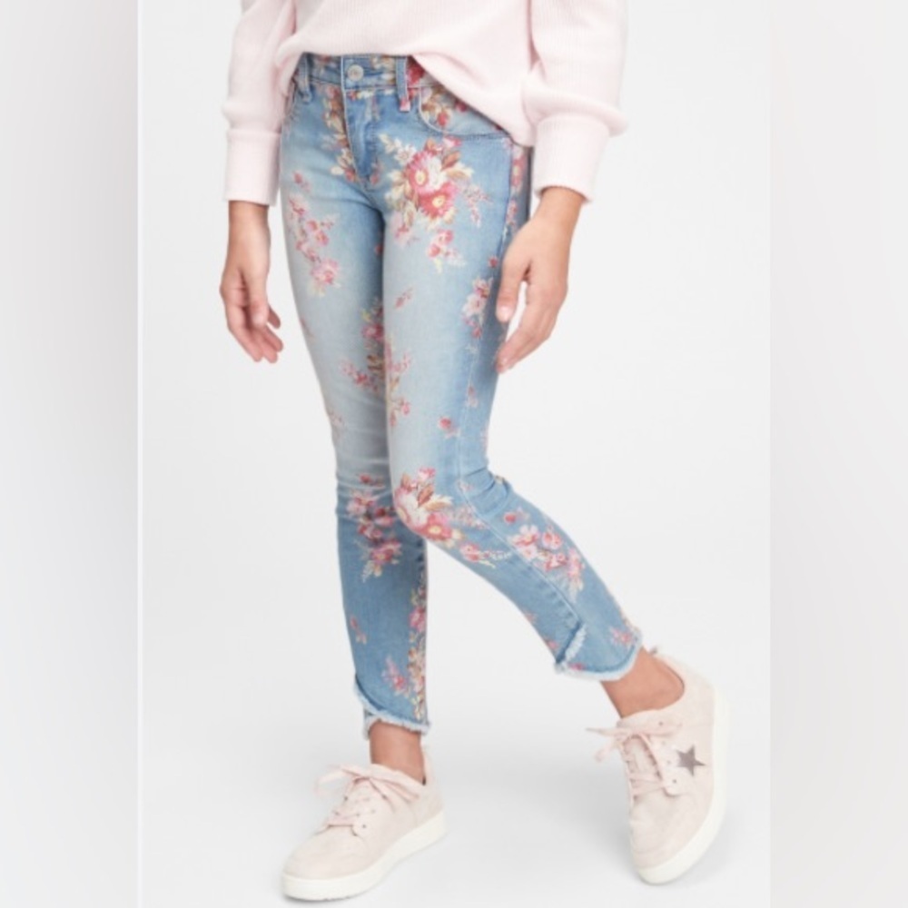 GAP Kid's Floral Light Denim Jeans, Soft Pink Vintage Flowers, Stretch, Raw Hem